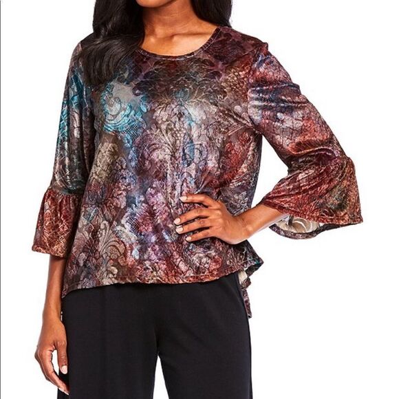 Bryn Walker Fran Tie Dye Velvet Ruffle Sleeve Shirt - Picture 1 of 3
